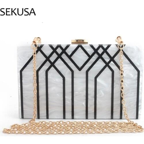 Acrylic Stripped Women Evening Bags Chain Shoulder Metal Day Clutch Flap Design Wedding Handbags Purse