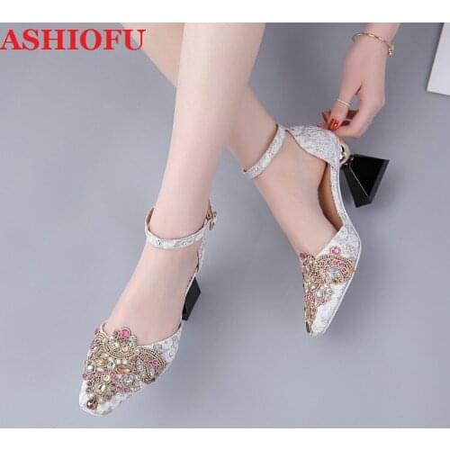 ASHIOFU Newest Hot Sale Womens Chunky Heel Sandals 2020 Fashion Lace Rhinestone Wedding Party Shoes Evening Daily Wear Sandals