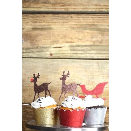 Glitter Reindeer and Sleigh Christmas Cupcake Toppers Party Bachelorette birthday Wedding Bridal Shower Night food picks