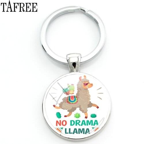 TAFREE Fashion Animal Lama Alpacos Art Pictures Key Chains No Drama Unicorn Glass Cabochon Keyrings Lovers Jewelrys NT177