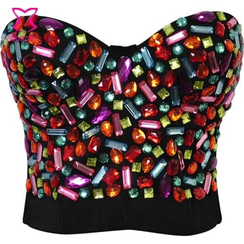 Rainbow Resin Gem Strapless Bra Push Up Bustier Underwear Studded Bras For Women Brassiere Sexy Bralette with Non-Slip Burlesque