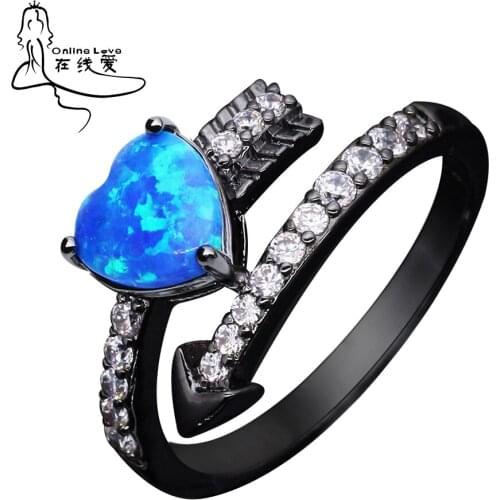 Black Gun Filled White Opal Blue Opal Heart Rings Hot Sale Fashion Jewelry Cocktail Ring Romantic Valentines Day Gift