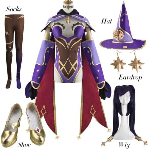 Genshin Impact Mona Cosplay Costume New Game Project Astrologer Sexy Queen Cloak Jumpsuit Anime Women Wigs Shoes Accessories Set