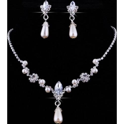 Fashion Bridal Wedding Imitation Pearl Rhinestone Necklace Water Drop Earrings Set Jewelry Sets for Women Gift