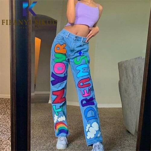 Fashion Letter Print Jeans Women Streetwear Loose High Waist Washed Jeans Autumn Womens Plus Size Casual Denim Straight Pants