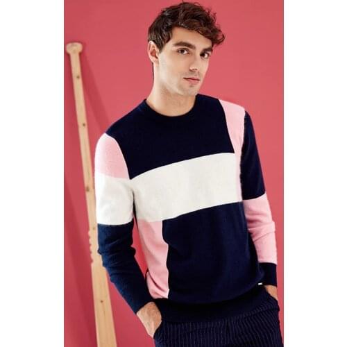 ZHILI Mens Crew Neck Contrast Color Cashmere Sweater