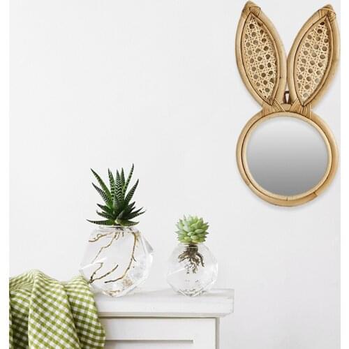 Handmoven Rattan Rabbit Hanging Wall Mirror Mordern Makeup Mirror for Bathroom, Bedroom, Home Decor