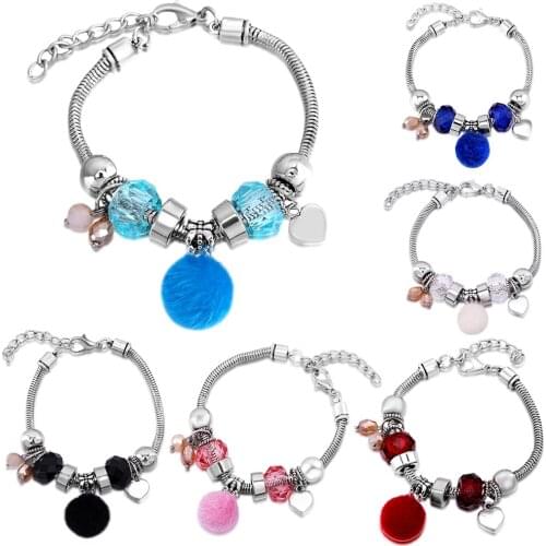 2021 New Charm Heart Shape Bangle 6-Color Plush Ball Style Bracelet Lobster Buckle Snake Chain Beaded Bangles For Women Jewelry