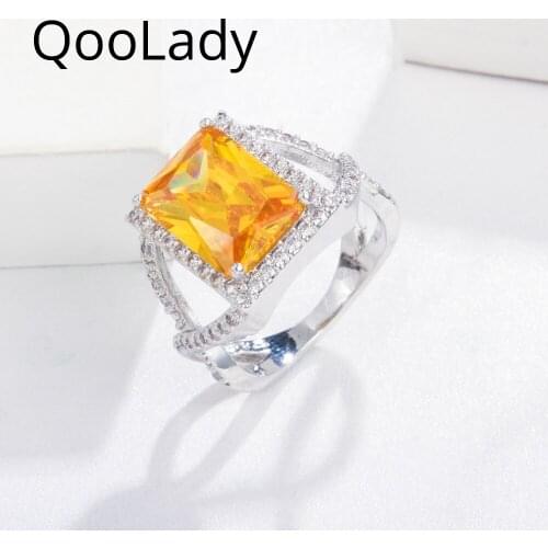 QooLady Gorgeous Big Square Shape Yellow CZ Crystal Wide Bridal Wedding Bands Engagement Party Rings for Women Jewelry F076