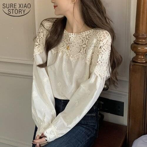 Plus Size Spring Lace Women Blouse O Neck Crochet Hollow Lace Stitching Shirt Korean Style Apricot Gentle Long Sleeve Tops 13354