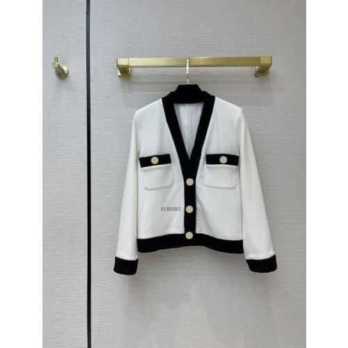 Luxury Jacket Brand Women 2021 Spring New V-neck Big Pockets Single Breasted Short Cardigans Long Sleeve Casual Slim Coats