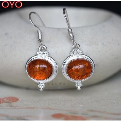 S925 Sterling Silver Indian Hand-Inlaid Natural Amber Flower Amber Earrings