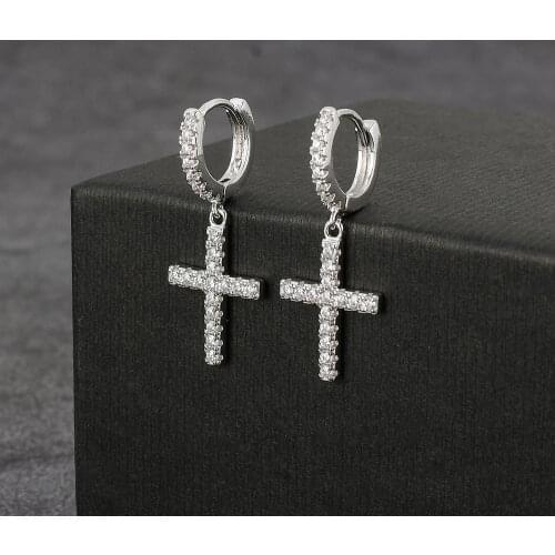 Cubic Zirconia Bling Iced Out Earring Gold Plating Copper Cross Earrings for Men Hip Hop Korean Fashion Jewelry Stud Earrings
