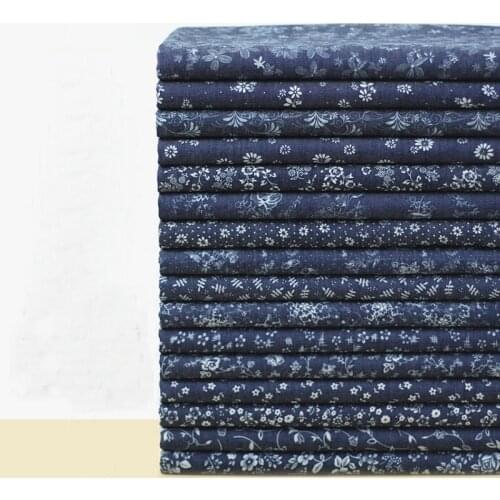 Blue Water washing Thin fabric Denim fabric flowers floral printed cloth diy Shirt dress clothes handwork fabric