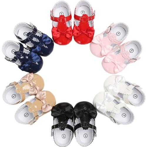 Baby Newborn Girls PU Solid Bow Knot First Walker Shoes Mary Jane Princess Flat Sole Infant Toddler Prewalker Shoes 0-13M