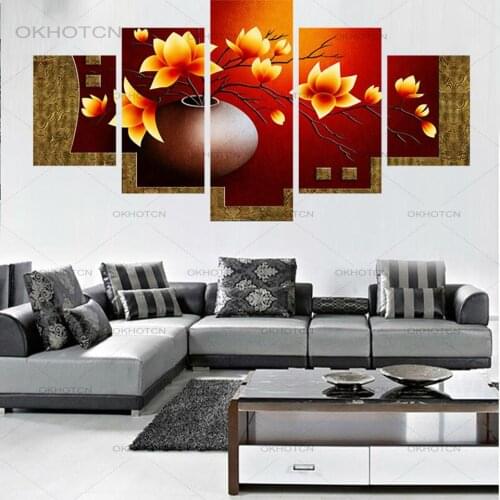 Vintage Canvas Art Painting 5 Panel Golden Flower Modern Modular Picture Home Decoration Print Poster Wall Art Picture For Room