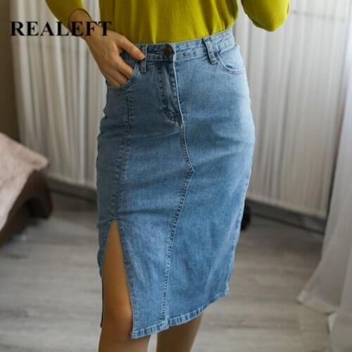 REALEFT 2021 New Women Denim Skirts Vintage OL Style Patchwork High Waist Slim Casual Womens Midi Skirts Female Spring Summer