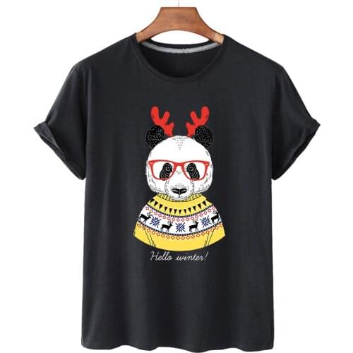 100% Cotton Cute Antler Panda Print Short-sleeved T-shirt Female Half-sleeved Summer Casual Oversized T-shirt Ladies Shirt S-3XL
