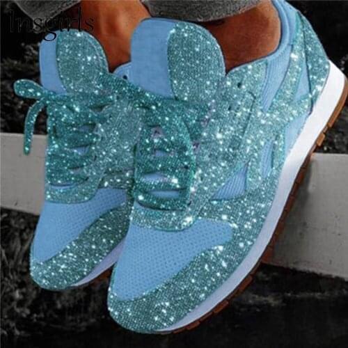 2021 Trendy Sneakers Women Spring Autumn New Glitter Bling Ladies Lace Up Casual Shoes 35-43 Large-Sized Running Walking Flats