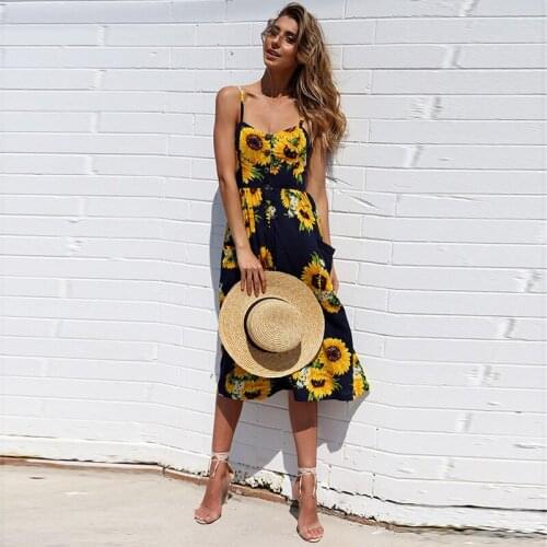 Woman Floral Print платье летнее Sunflower Sundress Midi Summer Womens Dress 2021 Vestidos De Mujer Casual Pocket Robe Femme