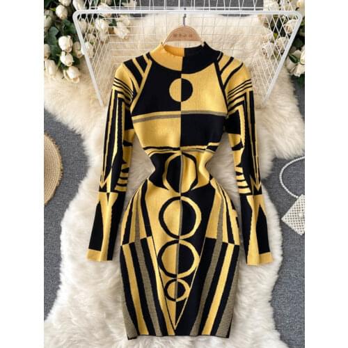 Women Autumn Long Sleeve Sweater Dress 2021 Elegant Ladies Stand Collar Geometric Print Slim Bodycon Mini Party Dress Vestidos