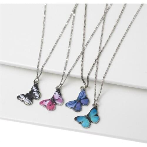 Julie Wang Cute Enamel Butterfly Necklace Silver Color Link Chain Pendant Women Punk Jewelry Statement Necklace