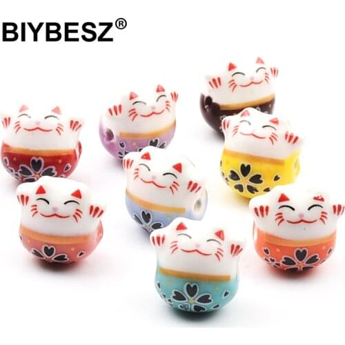 10pcs Fortune Cat Shaped Side Hole Charm Spacer Ceramic Beads Stone Beads For Jewelry Making DIY Bracelet Necklace Cute Gift