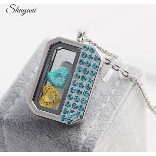 10pcs/lot Mix Colorful Rhinestone Rectangle Living Glass Memory Photo Locket Chain Necklaces Women Party Gift Jewelry Diy