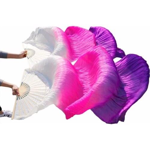 100% Silk Handmade Dyed Belly Dance Fans Dance Performance Props Silk Fans 1 Pair White+Rose+Purple Left+Right Hand Dance Fans