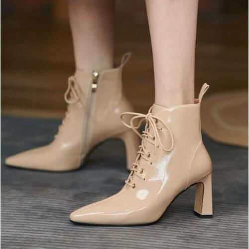 2021 Fashion Simple Pointed Patent Leather High Heel Short Boots Women Fashion All-match Martin Boots Womens Shoes