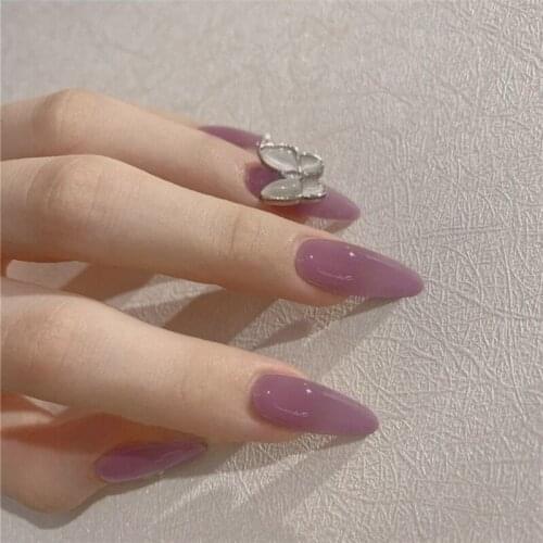 Jelly purple pure color with sliver bufferfly 3d decrated fake nails lady full nail tips middle-long bride false nails 24pcs