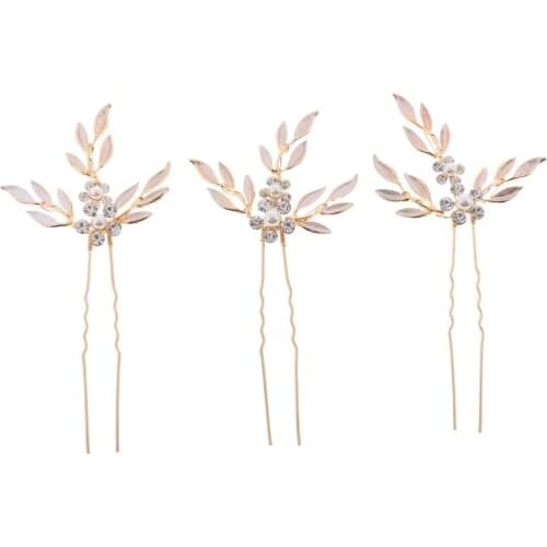 3pcs/set Pearls Diamante Leaf Hair Pins Vine Wedding Bridal Headpieces