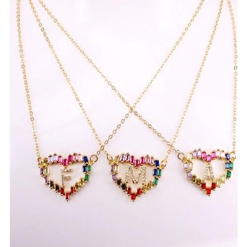 6PCS, Gold Filled Letter Jewelry Fashion CZ Micro Pave Women Rainbow Crystal Heart Pendant Necklaces