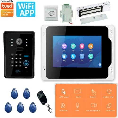 7 inch wired WiFi Video Door Phone Intercom Entry System 1 Monitor+1 RFID password Access HD Camera+Electric Magnetic Lock