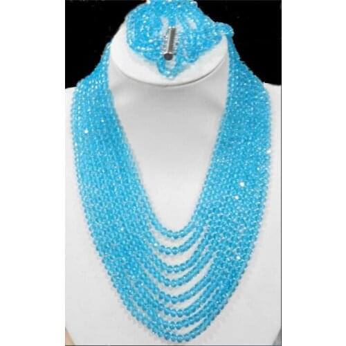 8 rows jewelry blue Crystal beads chain necklace 5 rows Bracelet sets AAA