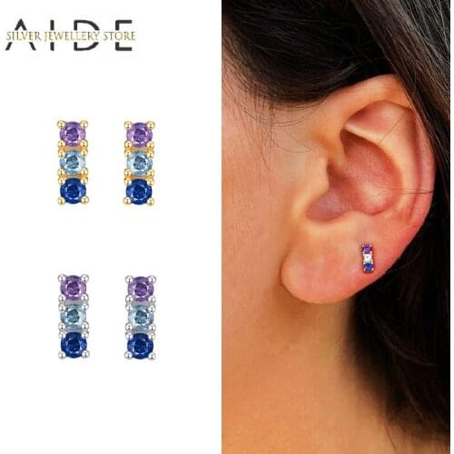AIDE Geometric 925 Sterling Silver Stud Earrings For Women Exquisite INS Colorful Zircon Piercing Earings Fine Jewelry brincos