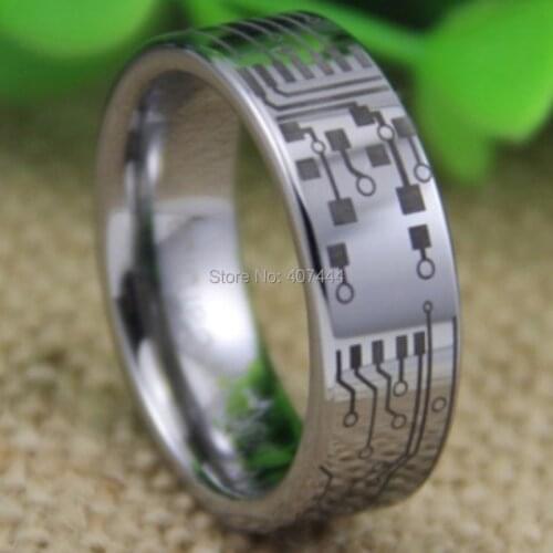 Free Shipping YGK JEWELRY Hot Sales 8MM Comfort Fit CIRCUIT BOARD DESIGN Silver Pipe Mens Tungsten Wedding Ring