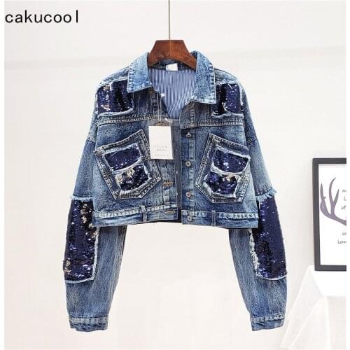 Cakucool Spring Autumn Women Harajuku Blue Sequined Denim Jacket Coat Ripped Bling Jean Jackets Student Basic Short Coat Outfit