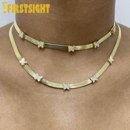 Gold Silver Color Women Snake Chain Buttetfly Necklace Flat Herringbone Links Animal Choker Layered Elegant Minimalist Jewelry
