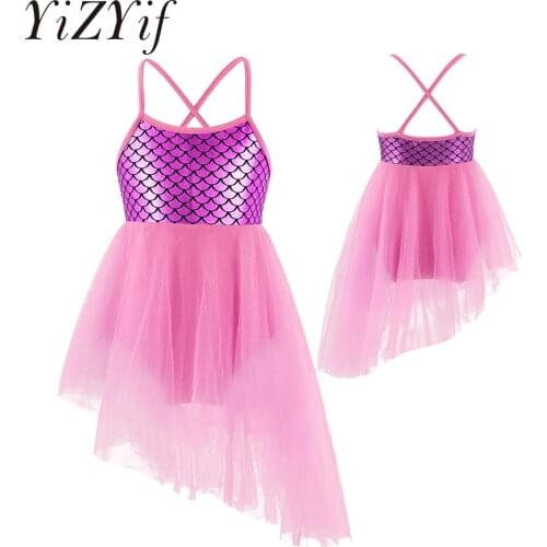 Kids Teens Fish Scales Tulle Dancewear Ballet Dress Girls Contemporary Lyrical Dance Costumes Irregular Hem Gymnastics Leotard