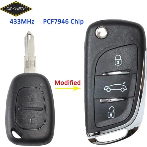 DIYKEY 2 / 3 Button 433MHz PCF7946 Chip for Renault Kango Master Traffic Movano 2000-2008 Flip Remote Car Key Fob NE72 Blade