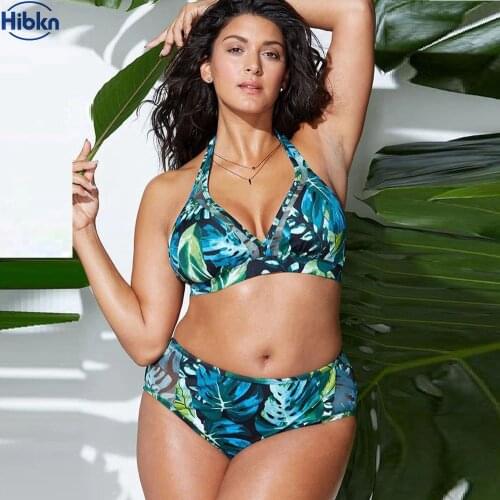 Plus size bikini set print halter swimwear high waist large size swimsuit push up mesh bikinis women print swimsuit plus size