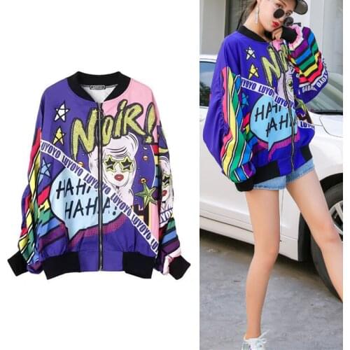 Hip Hop Style Women White Baseball Jackets Female Spring Autumn Streetwear Cartoon Print Loose Short Coat Casual