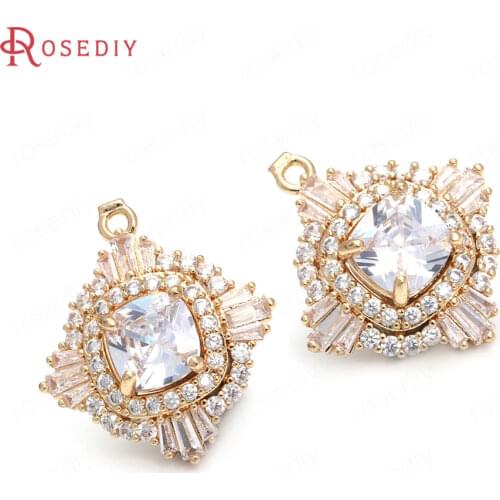 40702)4PCS 24.5x22.5MM 24K Champagne Gold Color Brass and Zircon Square Charms Pendants Jewelry Making Supplies Diy Accessories