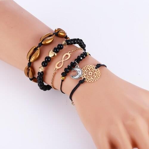 L&H 5PCS/Set Women Exquisite Black Beads Bracelets Kawaii Moon Bracelet For Girls Fashion Female Charming Shell Bracelet Bangles