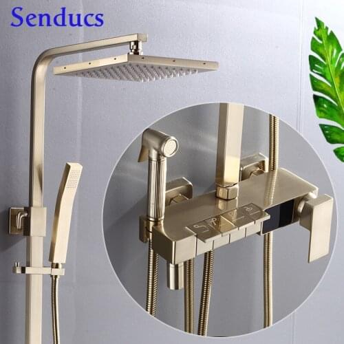 Brushed Gold Hot Cold Digital Bathroom Shower Set Wall Mounted Thermostatic Bath Shower Set Piano Keys 12inch Shower