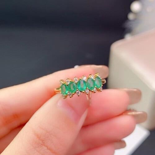 Fashion Emerald Silver Ring for Party 5 Pieces 3mm*4mm Natural Emerald Ring 925 Sterling Silver Emerald Jewelry