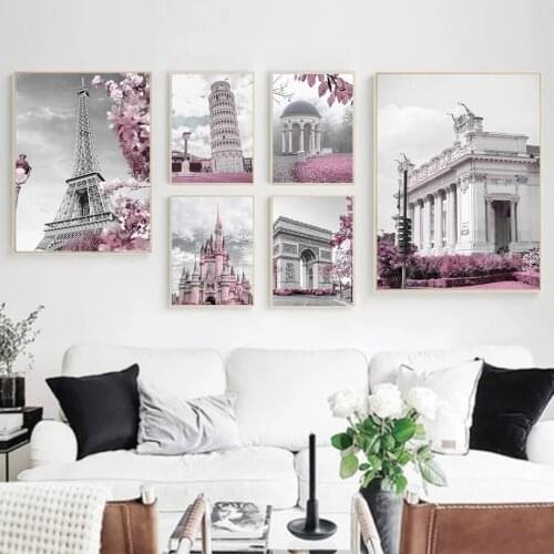 Pink Paris Wall Art Flower France City Building Poster Print Castle Canvas Painting Nordic Wall Pictures For Living Room Decor