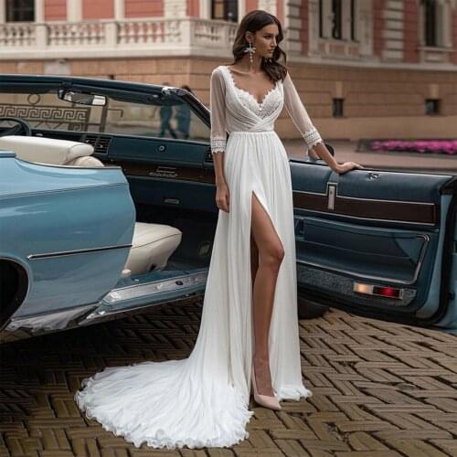CloverBridal Sexy Boho Wedding Dress with High Slit 3/4 Sleeves V Neck Beach Backless A line Bridal Gown WW8407
