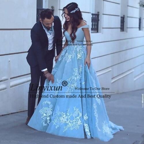 Sexy Off The Shoulder Court Train Sky Blue Prom Dresses Ball Gown Lace Vintage Vestido De Festa Formal Evening Party Gown